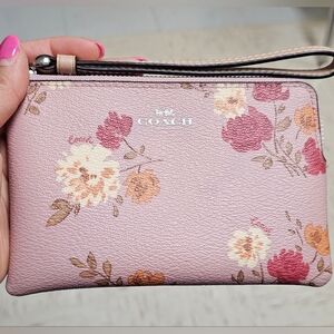Coach pink floral corner zip wristlet